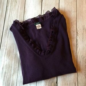 Purple 100% merino wool v-neck with ruffle detail